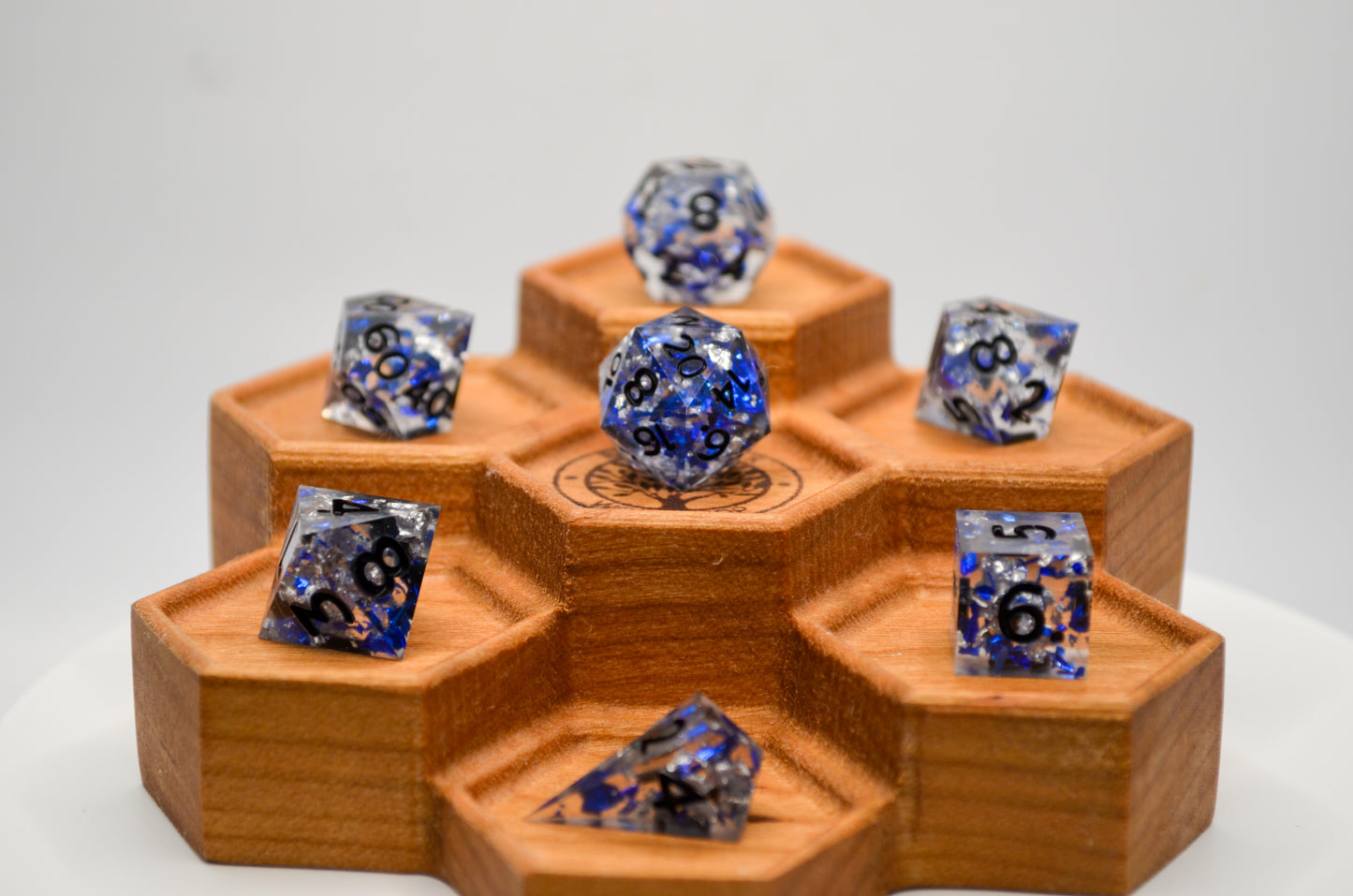 Silver and Sapphire Flakes Mini 7 Piece Dice Set
